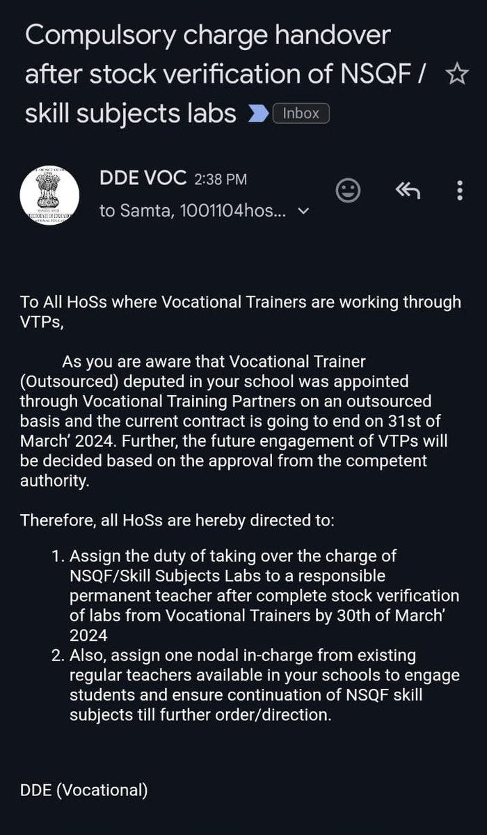 Poor Decision by #DirectorateofEducation
दिल्ली स्कूलों में 2015 से काम कर रहे Vocational Trainers हुए #बेरोजगार.
Shame on #DELHIMODEL 
#NSQF 
<a href="/dpradhanbjp/">Dharmendra Pradhan</a>
<a href="/LtGovDelhi/">LG Delhi</a> <a href="/ArvindKejriwal/">Arvind Kejriwal</a> <a href="/AtishiAAP/">Atishi</a> <a href="/RamvirBidhuri/">Ramvir Singh Bidhuri</a> <a href="/Dir_Education/">DIRECTORATE OF EDUCATION Delhi</a> <a href="/cbseindia29/">CBSE HQ</a> <a href="/EduMinOfIndia/">Ministry of Education</a> <a href="/Ch_AnilKumarINC/">Anil Chaudhary</a>