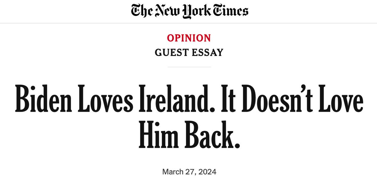 the New York Times is now running op-eds insisting Joe Biden is unpopular in *another country.* (The only current polling the op-ed cites in support of its core premise shows Irish people prefer Biden to Trump by a 50-14 margin.)