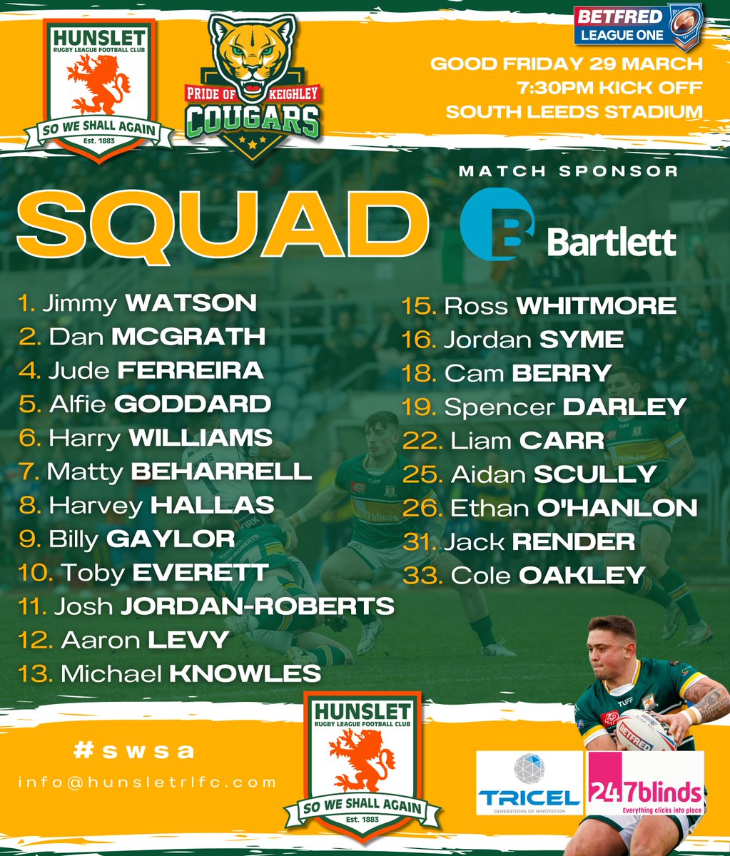 HunsletRLFC's tweet photo. 2️⃣1️⃣  𝙎𝙦𝙪𝙖𝙙 

Head Coach Dean Muir has named his squad for our Good Friday top of the table clash against @Cougarmania

Coal Oakley who has joined us on loan from Swinton is included in the 21 man squad  👇👊

🔗  https://t.co/cfsiYlS4yi
#swsa https://t.co/bOXVcz38Tu