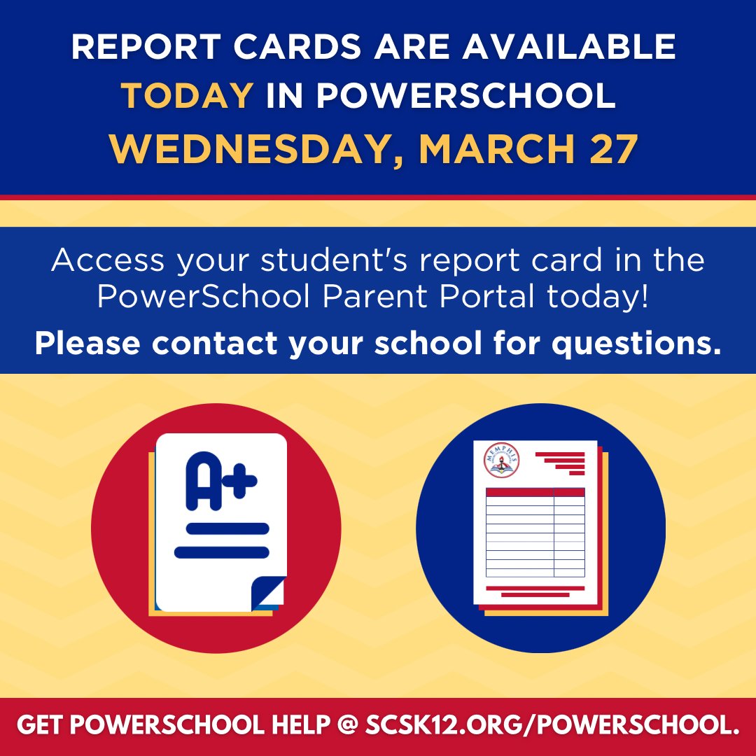 MSCSK12's tweet photo. Families, mark your calendars! ๐
โจ Report cards are making their way home TODAY.
Check backpacks and Powerschool after 3 pm to see your student's grades. ๐๐
If there are any additional questions, please contact your child's school.
#ReportCardDay https://t.co/DsKE6epeHn
