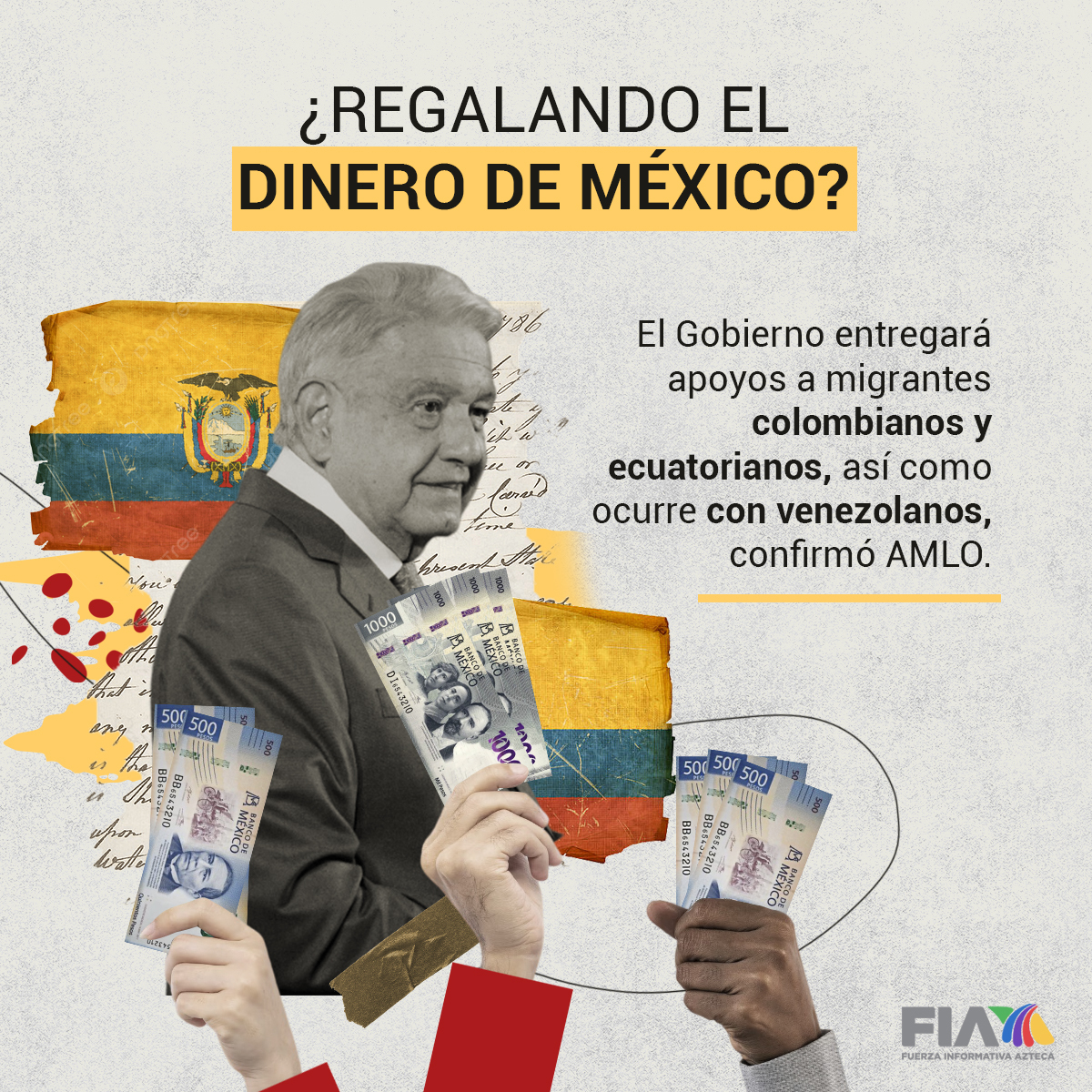 AztecaNoticias's tweet photo. ¡No sólo los venezolanos!

@GobiernoMX regalará mil pesos a #migrantes ecuatorianos y colombianos.

https://t.co/w8eOCL8iBd https://t.co/oWsUT8GFV7