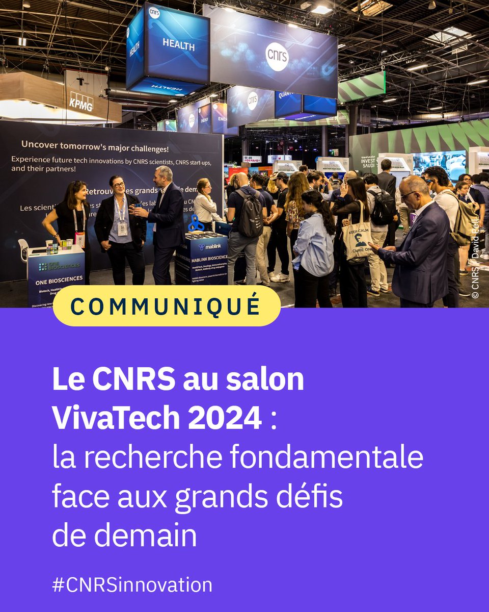CNRS's tweet photo. #Communiqué 🗞️ Acteur-clé de la #deeptech, le @CNRS sera présent à #VivaTech, le plus grand salon européen dédié à l’innovation (22-25/5), avec des technologies remarquables en santé ⚕️, développement durable ♻️, spatial 🚀 et numérique 📱 #CNRSinnovation
👉 https://t.co/bBmxPJV5Rm