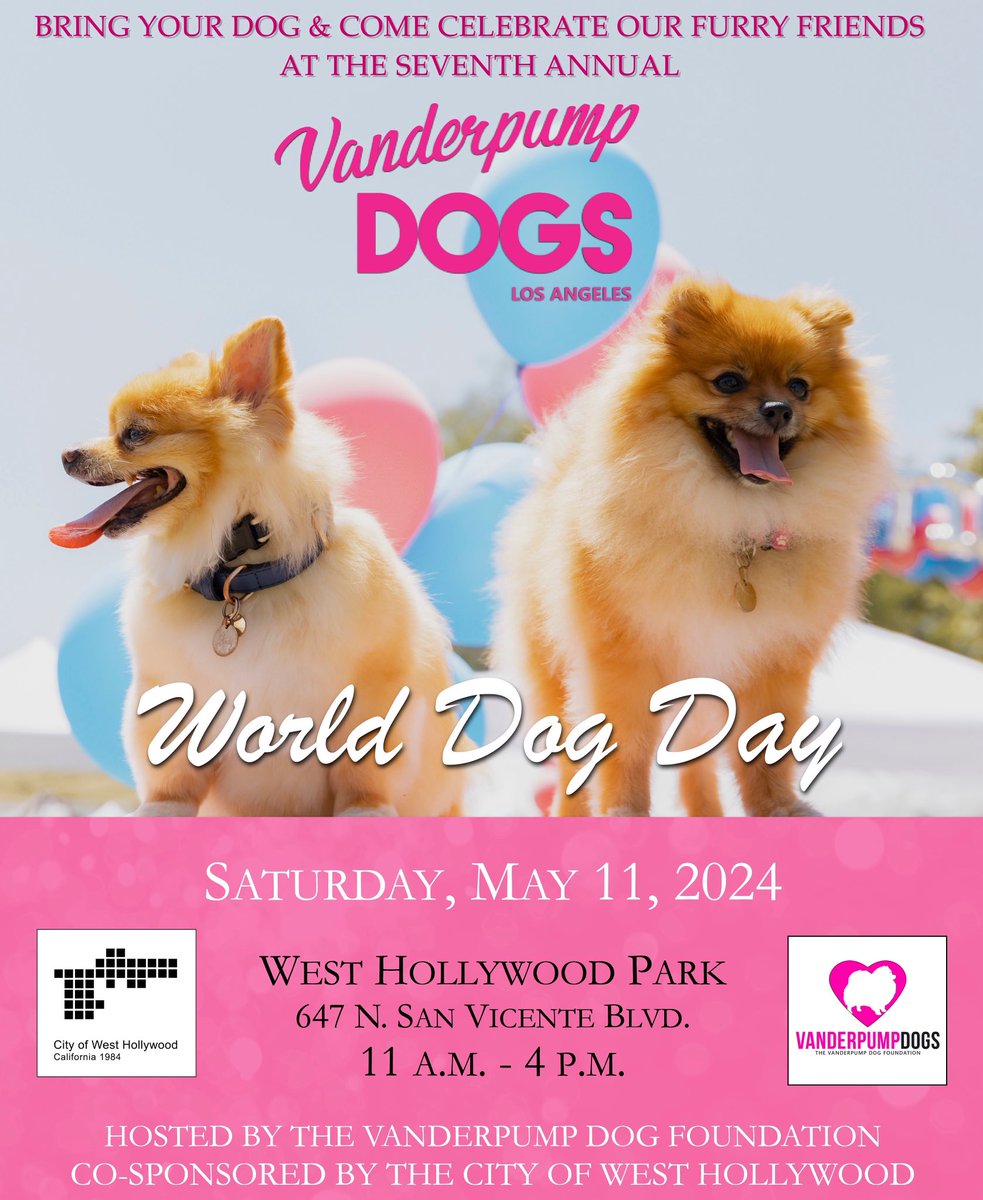 Vanderpump Dogs (@vanderpumpdogs) on Twitter photo GET EXCITED 🎉 our 7th annual World Dog Day is BACK‼️ Mark your calendars for May 11th at the West Hollywood Park hosted by <a href="/LisaVanderpump/">Lisa Vanderpump</a> and co-sponsored by <a href="/WeHoCity/">City of West Hollywood</a> ‼️Come join us for a fun-filled day of entertainment, doggy vendors, music, food and more! GET EXCITED 🎉 our 7th annual World Dog Day is BACK‼️ Mark your calendars for May 11th at the West Hollywood Park hosted by <a href="/LisaVanderpump/">Lisa Vanderpump</a> and co-sponsored by <a href="/WeHoCity/">City of West Hollywood</a> ‼️Come join us for a fun-filled day of entertainment, doggy vendors, music, food and more!