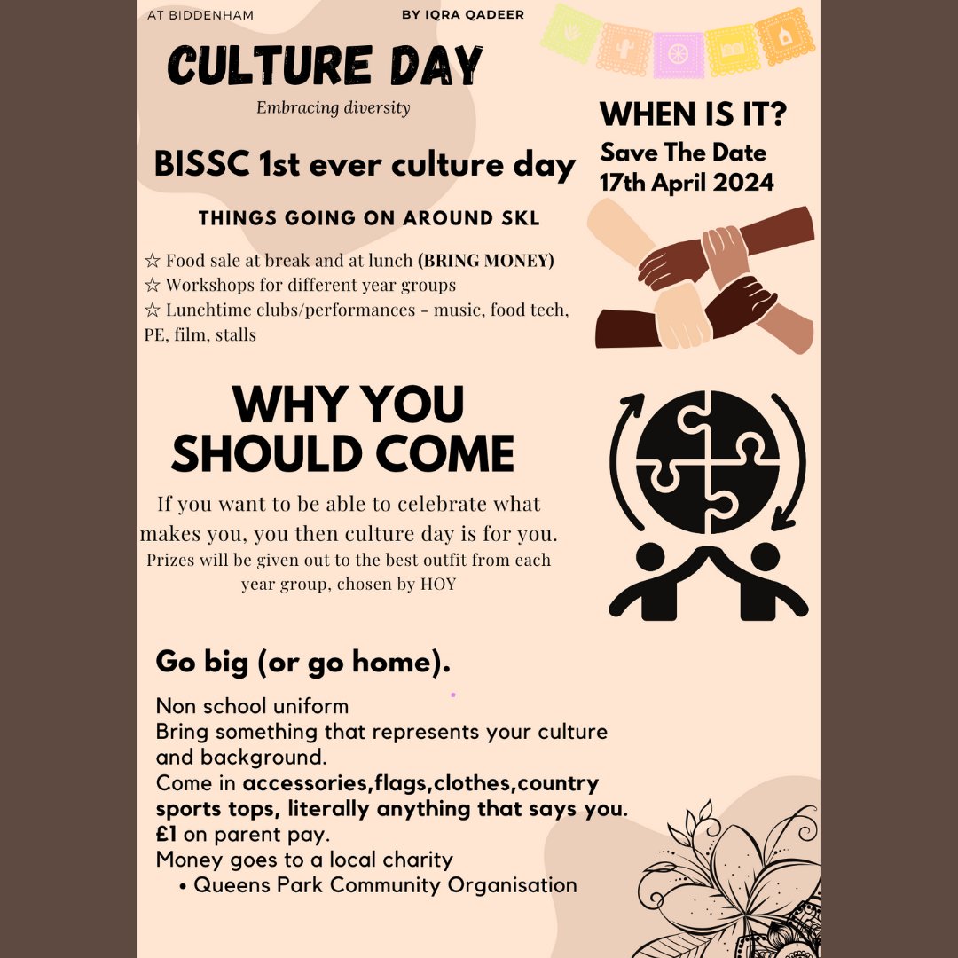 BiddenhamIntSch's tweet photo. 🌍✨ Get ready to celebrate diversity at Biddenham International Culture Day on April 17th! Dress up in your traditional clothing and experience a day full of fun activities. Food stalls to diverse performances. Interfaith workshops to mehndi, there's something for everyone 🤝🏼💕 https://t.co/da38t8Gy5y