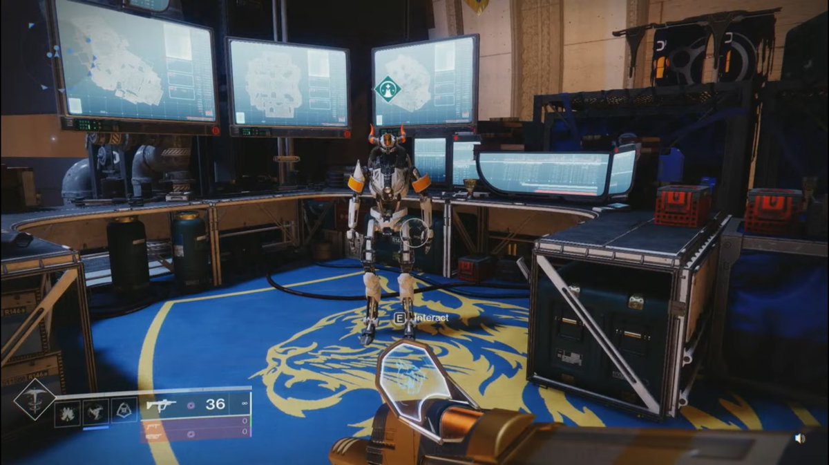 RynoTheTurtle's tweet photo. Behind Arcite 99-40 there are 3 monitors. Each display a different overhead map. None of them look like crucible maps we have played on before. Could they be the new maps coming in the Into The Light update??? @Aztecross  #Destiny2 #crucible #IntoTheLight #TheFinalShape https://t.co/KCk1J0DTyk