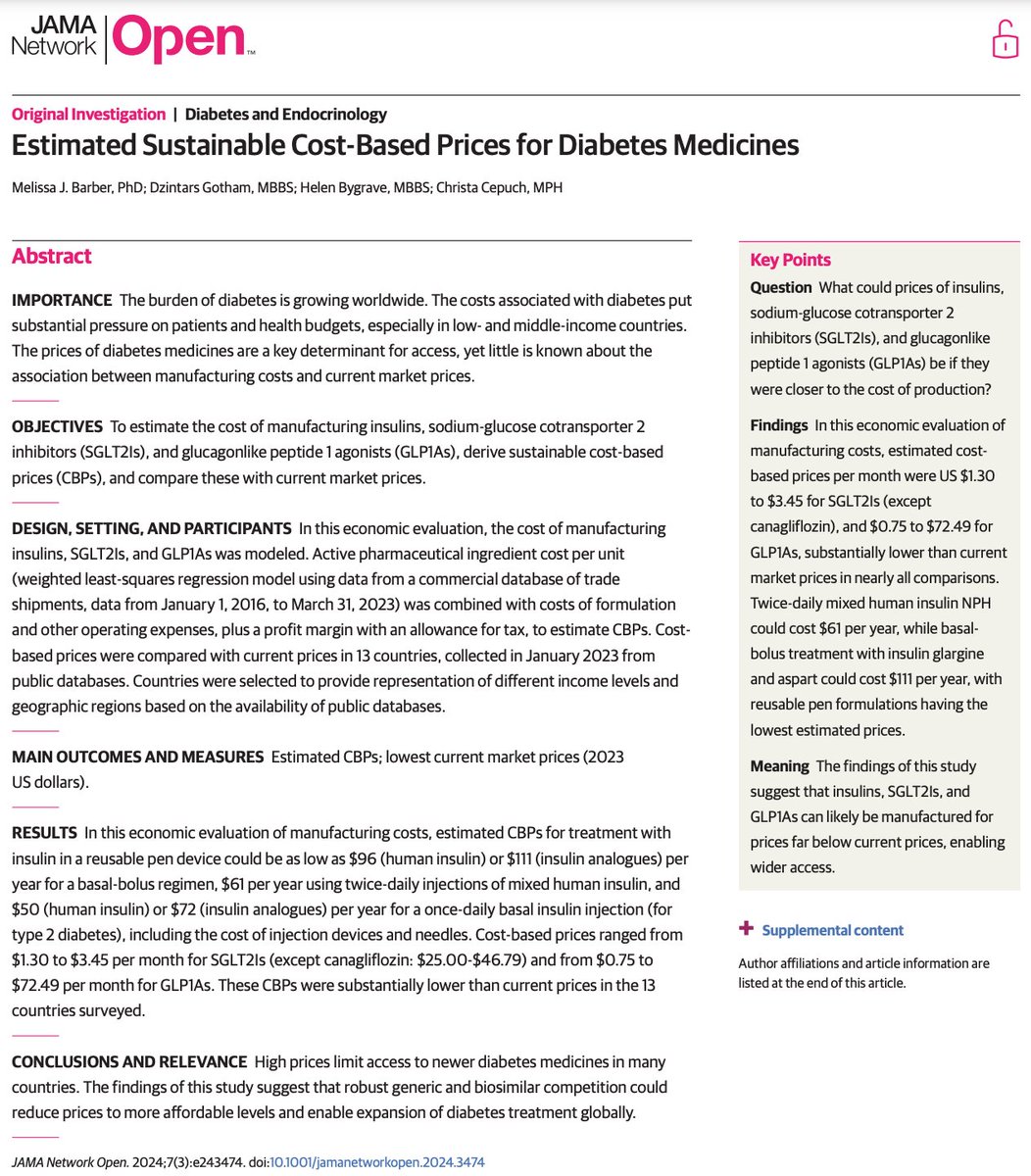 💥Powerful study💥 shows dramatic markup of diabetes meds &amp; insulin pens.

As the number of ppl living with diabetes grows, "strategies must urgently be developed to reduce insulin prices &amp; ensure affordable &amp; reliable access in all parts of the world" 🔗ow.ly/luIu50R3q6X