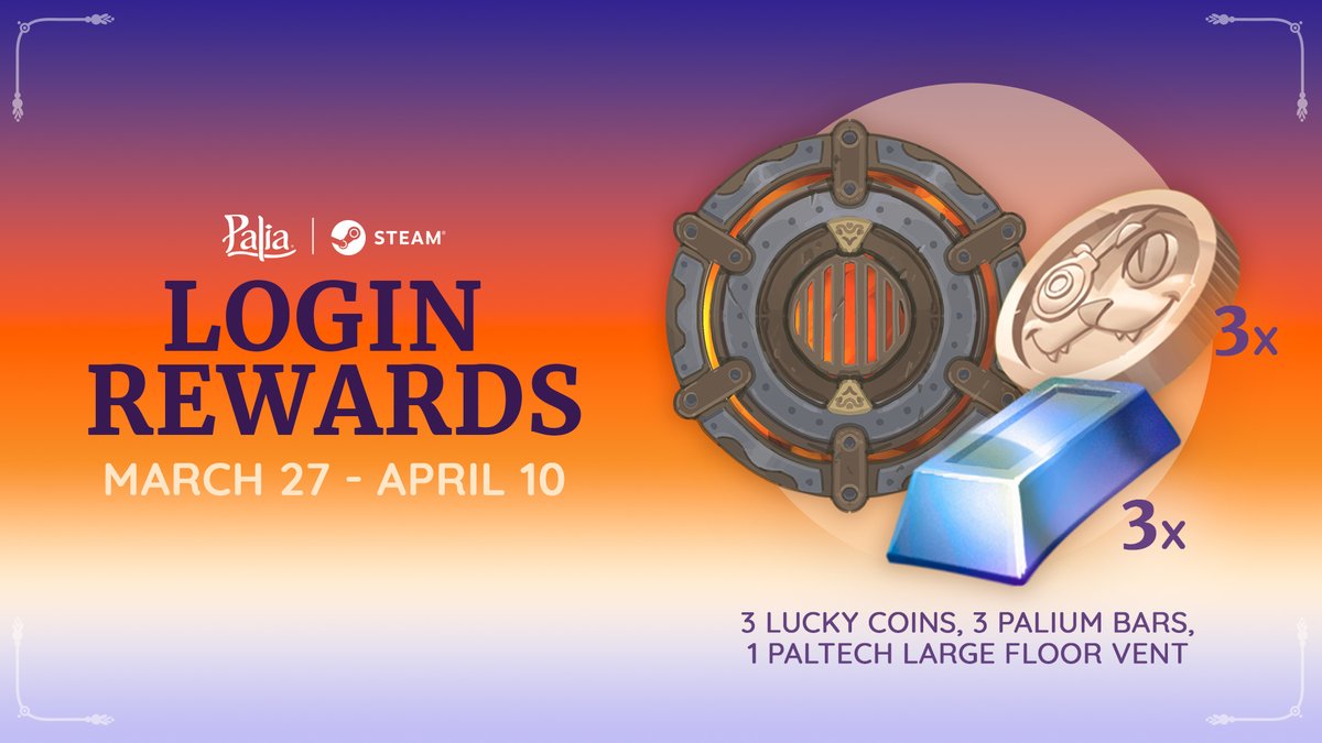 playPalia's tweet photo. Our Steam party is far from over! 🥳 Join us in continuing our launch celebration with two weeks of rewards.

💝 Log into Palia now and claim these items until April 10th - and stay tuned for more surprises! ➡️ https://t.co/8D60M9Hqxz

#Palia #PlayPalia #CozyGames https://t.co/dwDHWIfsS5