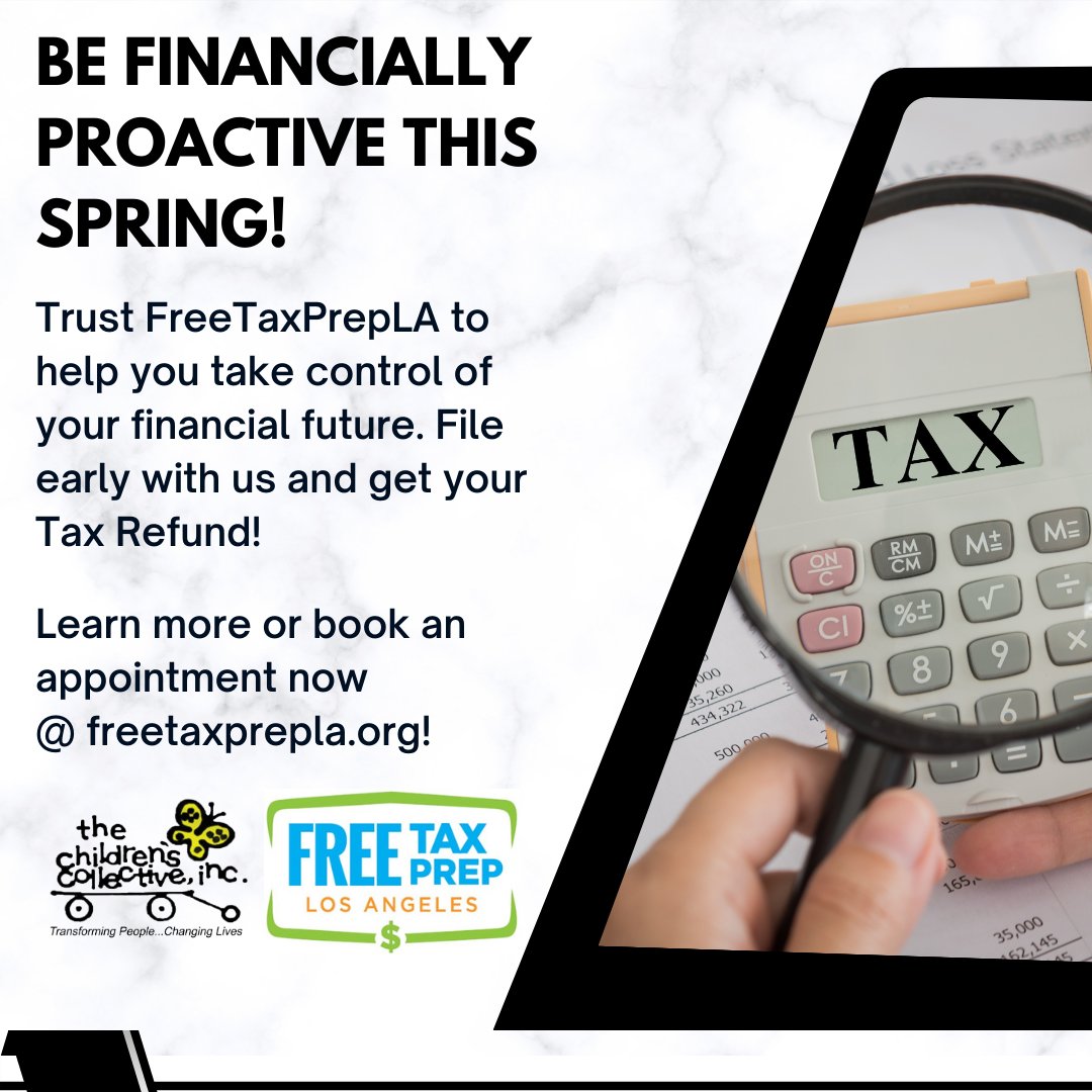Be financially proactive this spring!

Trust FreeTaxPrepLA to help you take control of your financial future. File early with us and get your Tax Refund! 

Learn more or book an appointment now @ freetaxprepla.org!

#FreeTaxPrepLA #Taxes #Free #Help #MoneyMatters
