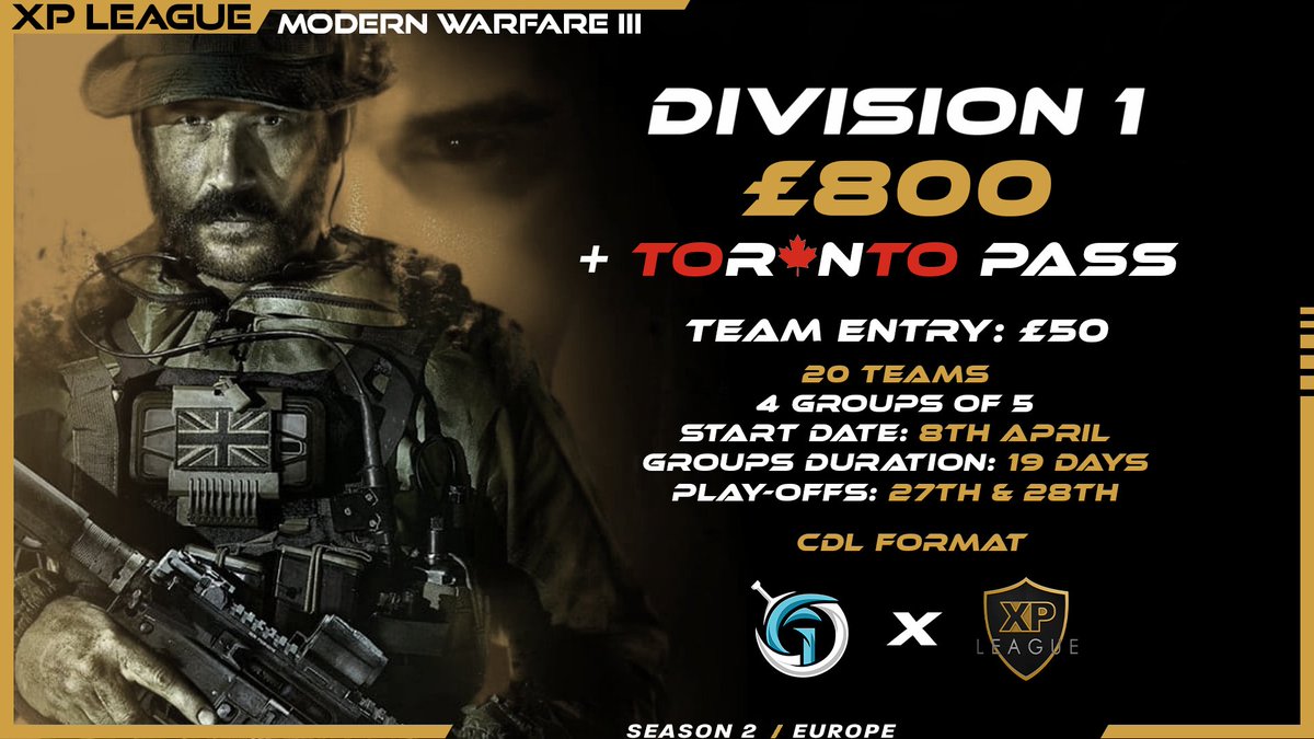 AMeLeague's tweet photo. Division 1 Season 2 Information  

Wasn't able to secure a team pass for Toronto? Now is your chance!

🇨🇦 £800 + Toronto Team Pass 🇨🇦
🔫20 Teams
⏰Start Date: 8th April

Sign up here: https://t.co/SpOIsH4FcR

For more information,  DM📷or join the discord: 
https://t.co/Tu0udihyCj