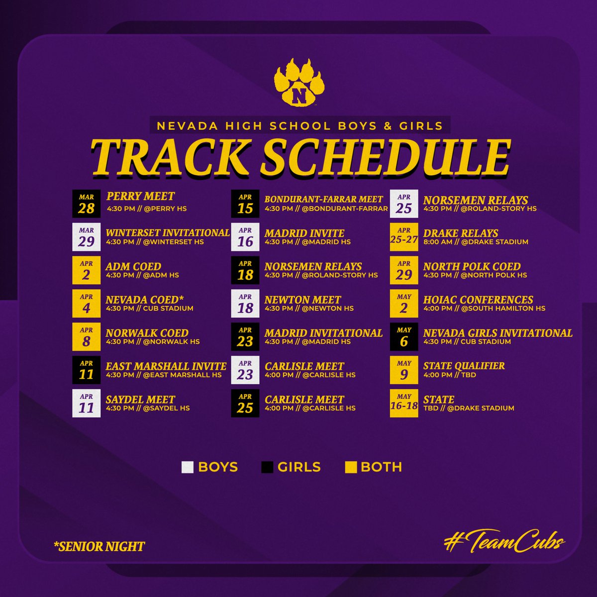 Boys &amp; Girls Track Fans, here is your 2024 schedule!

#NevadaCubPride #TeamCubs