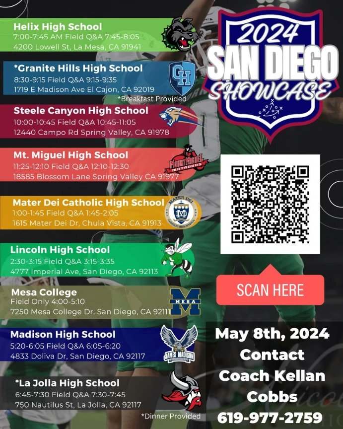 College Coaches Recruiting SoCal & San Diego‼️Be sure to mark May 8th on your 🗓️ Some of the Top Talent in San Diego will be on display throughout the day in this Showcase event! You want to come get eyes on one of the top '26 Athletes in FS/WR @Carsondiehl_13 at @LJHSVIKINGFB