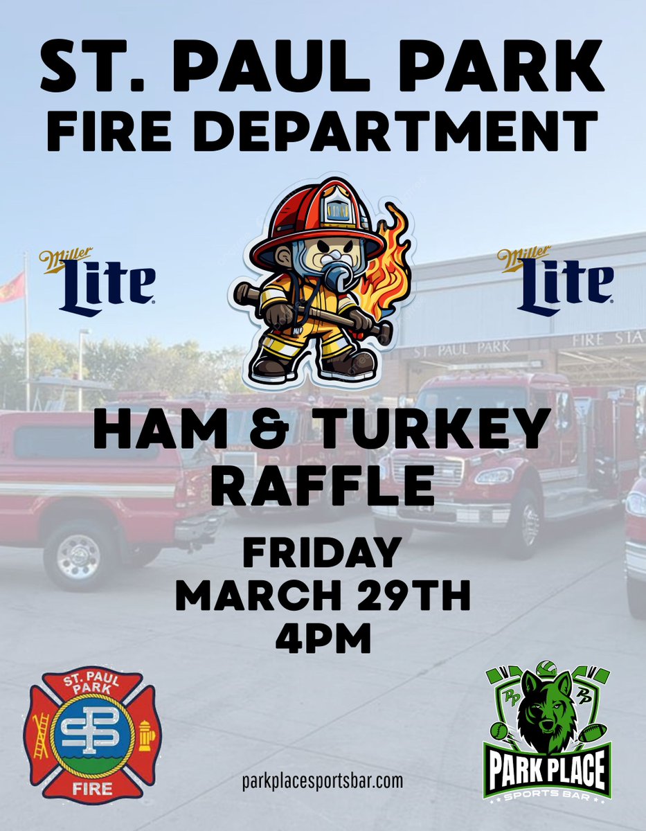Join us for the SPPFD ham & turkey meat raffle fundraiser this Friday at 4pm! Don't miss out on your chance to win delicious meats and support a great cause! 🍖🔥 #fundraiser #meatraffle #stpaulparkfire #parkplacesportsbar