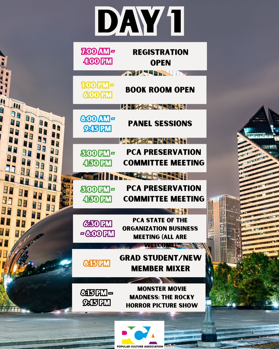 Welcome to Day 1 of the Popular Culture Association Conference in Chicago! 📚 Dive into enriching discussions, engaging panels, and unforgettable moments. Don't miss our PCA State of the Organization Business Meeting from 6:30-8:00pm – your insights matter! #pcaaca2024