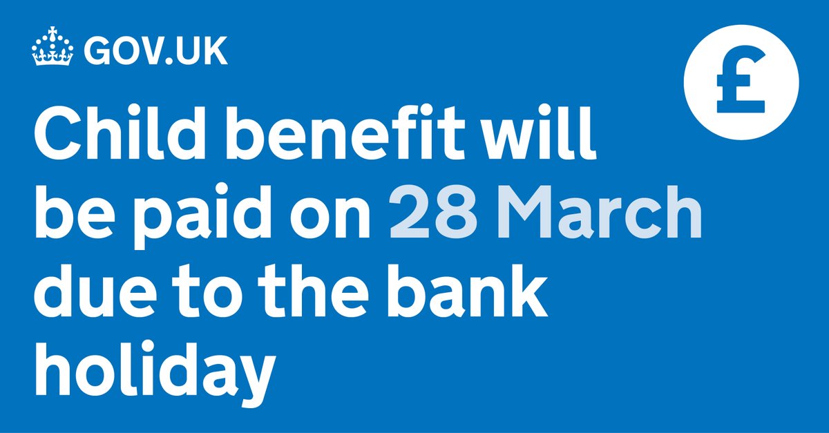 🚨When it's a bank holiday, Child Benefit is often paid on a different date than usual. 🗓️Because of the Easter holidays, payments due on Monday 1 April will be made on Thursday 28 March. 📆You can check any other rearranged payment dates for the rest of the year here: