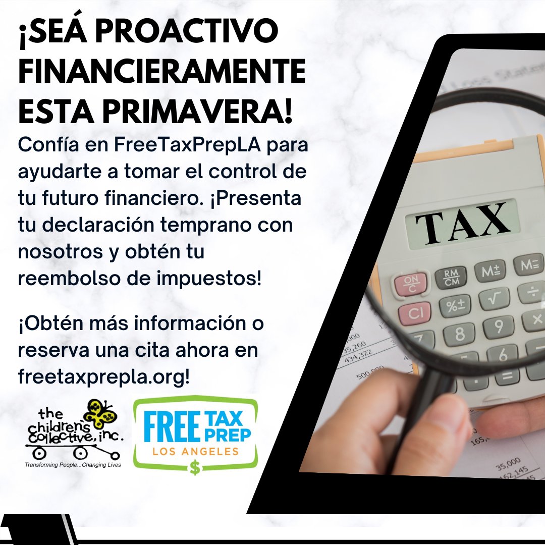 ¡Seá proactivo financieramente esta primavera! 

Confía en FreeTaxPrepLA para ayudarte a tomar el control de tu futuro financiero. ¡Presenta tu declaración temprano con nosotros y obtén tu reembolso de impuestos!

¡Más información o reserva una cita en freetaxprepla.org!