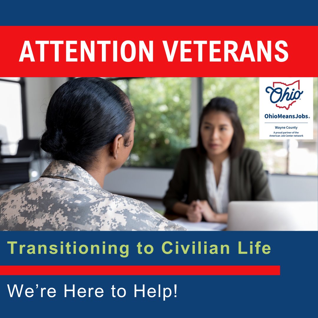 Attention Ohio Veterans 🫡

Transitioning back to civilian life after military service can be challenging, but you're not alone.

For more information to help your transition 👉ow.ly/AGLt50QJA0w

#OhioMeansJobsWayneCounty #Veterans #Northeastohioregion
