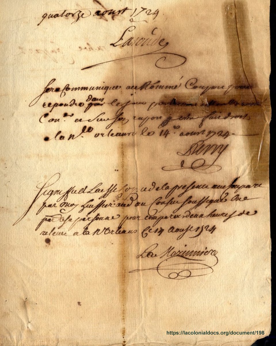 NatBoundUnbound's tweet photo. Revelations from Legal Records

Because enslavement was a designated status of a person under the law as property, legal records provide many instances where details about the lives of the Indigenous enslaved are revealed.

In a civil court record from 1724 in then Louisiana territory, a young Indigenous woman is identified as a "sauvagesse" belonging to a man named Lasonde.  Lasonde alleges that the woman is suffering from a fever and after examination from the Master Surgeon of the area, it is revealed the fever is a result of being beaten before she was sold. The defendant, Coupart, is ordered to take back the young woman and return the "merchandise" that was used to purchase her.

This woman is unfortunately not named and Coupart only faced legal consequences for deceiving Lasonde and not for beating the woman he sold to him.  Native Bound Unbound is committed to recovering these names and stories.