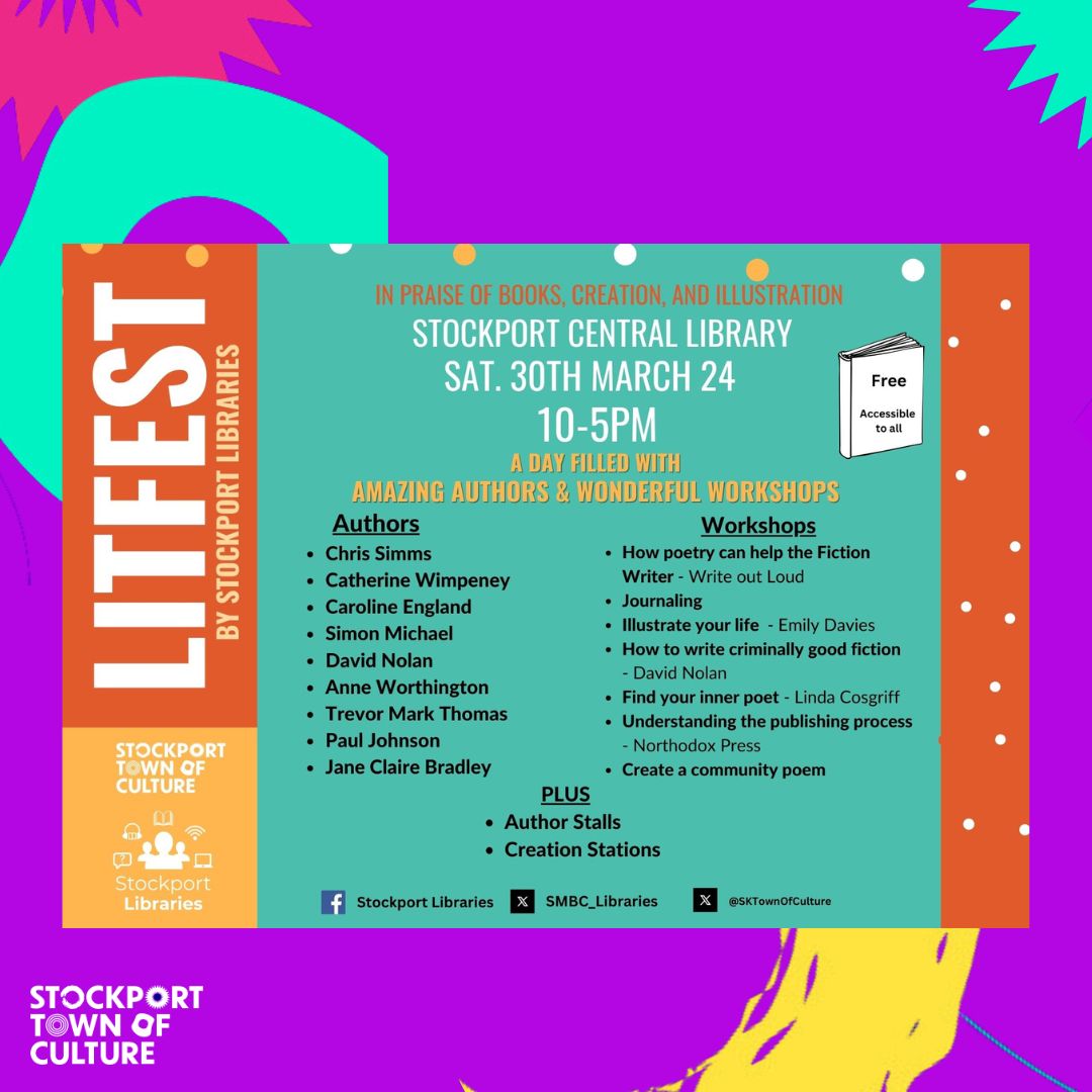 Litfest Stockport is happening this weekend and for the first time, the borough will bring authors and creatives together for a full day of FREE interactive cultural talks and workshops! 10:00 - 17:00 pm at Stockport Central Library this Saturday! orlo.uk/CKf4u