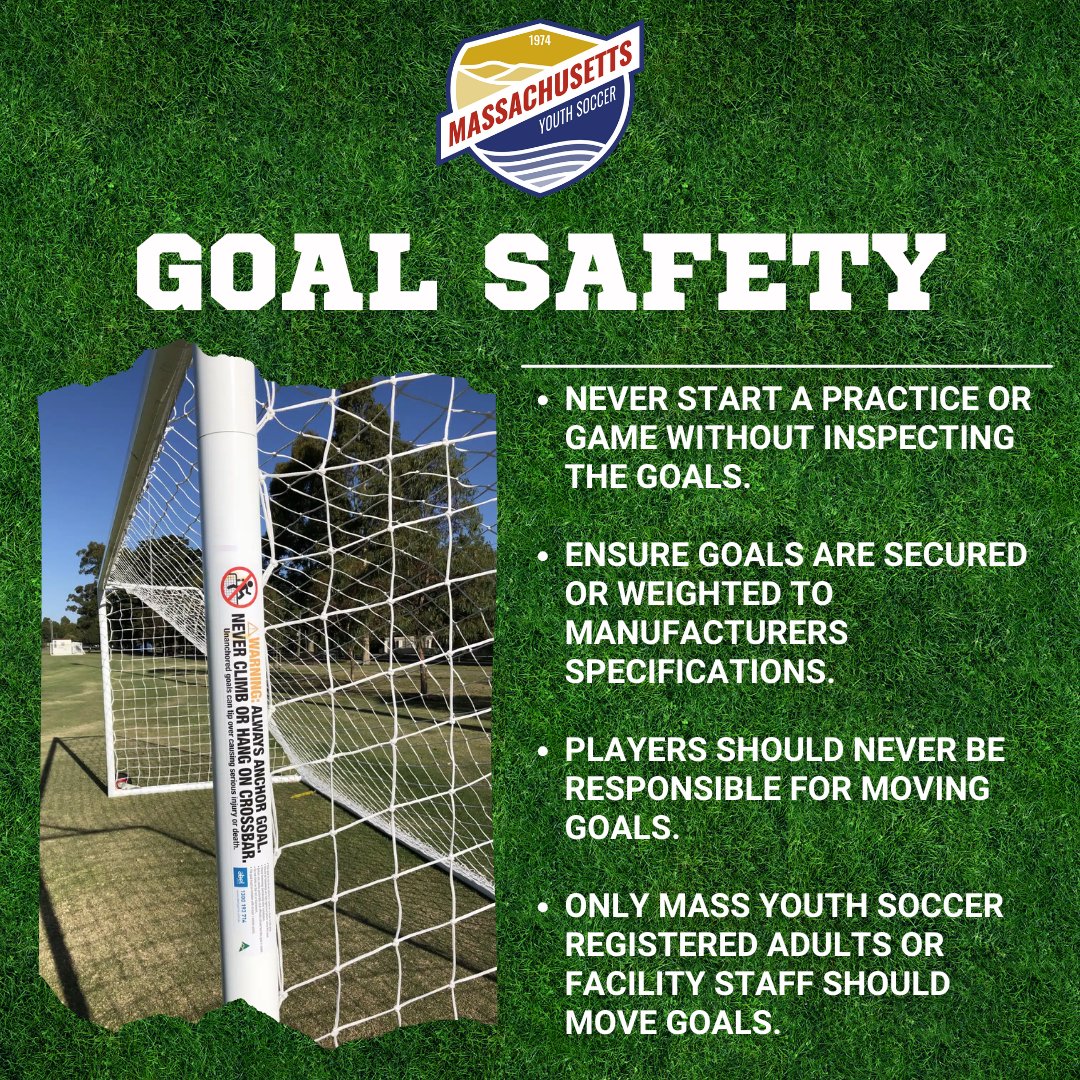 ⚠️ Goal Safety Reminder! ⚽️ Inspect, secure, and leave moving to registered adults or staff. Keep our players safe! #GoalSafety #PlaySafe #soccer