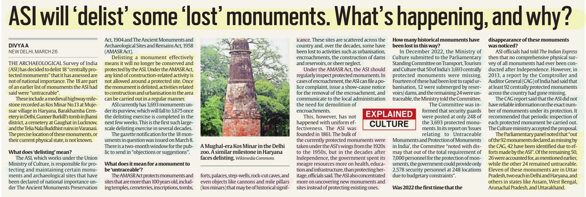 imRavikantYadav's tweet photo. "ASI will 'Delist' some 'Lost' monuments. What's happening & Why?"
:Explained by Ms Divya A
@divs13
Abt #ASI ,its role, #AMASR Act, details of monuments, delisting/lost/untraceable &
More info..
#Ancient #Monuments #culture #heritage
#Archaeology #Sites
#UPSC
Source: IE https://t.co/JNUB6Hr06a