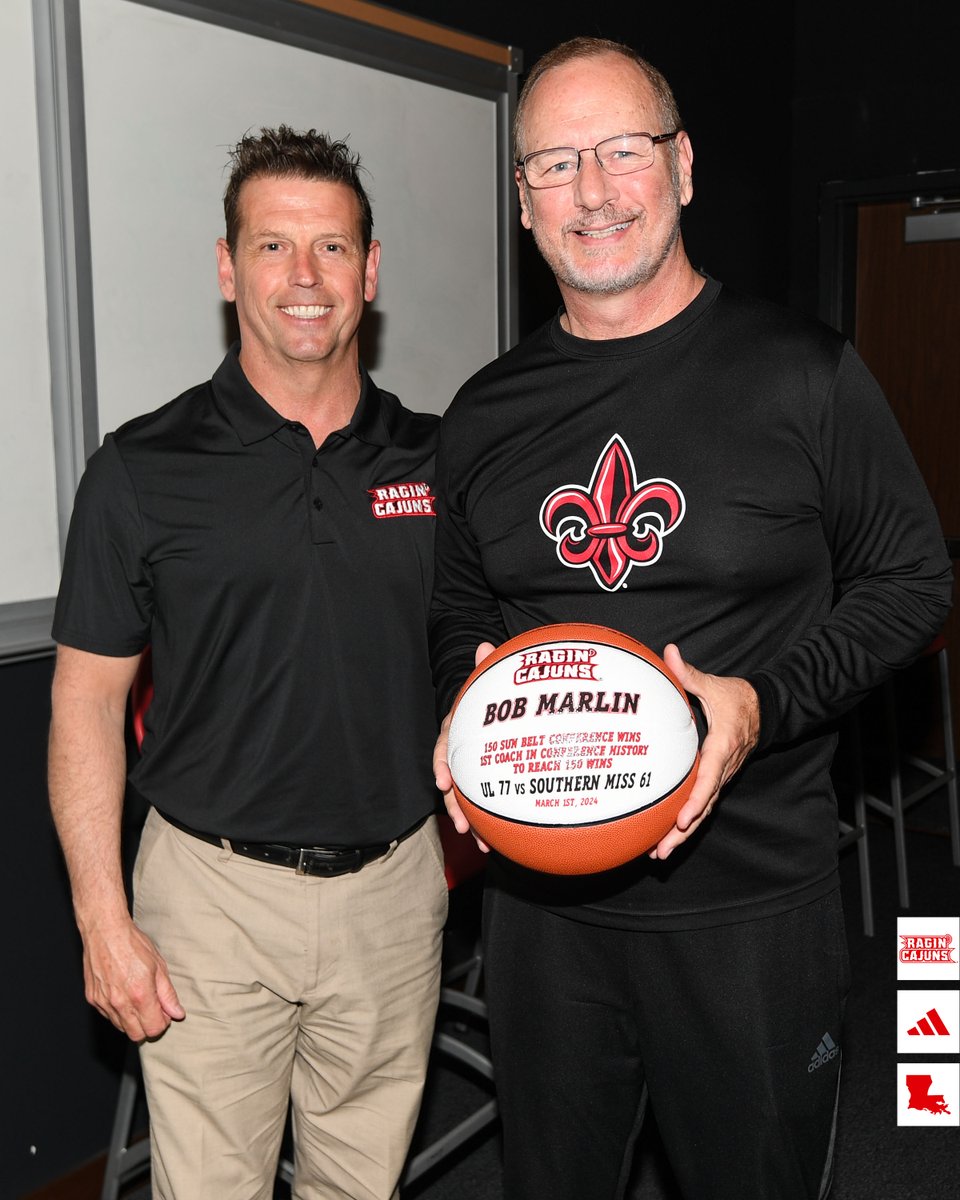 𝐕𝐈𝐂𝐓𝐎𝐑𝐘 𝐌𝐈𝐋𝐄𝐒𝐓𝐎𝐍𝐄𝐒 @CoachBrodhead (200 career wins) and @bobbymarlin (150 Sun Belt wins) were presented with commemorative basketballs at today's all-staff meeting to celebrate their success on the court! #GeauxCajuns