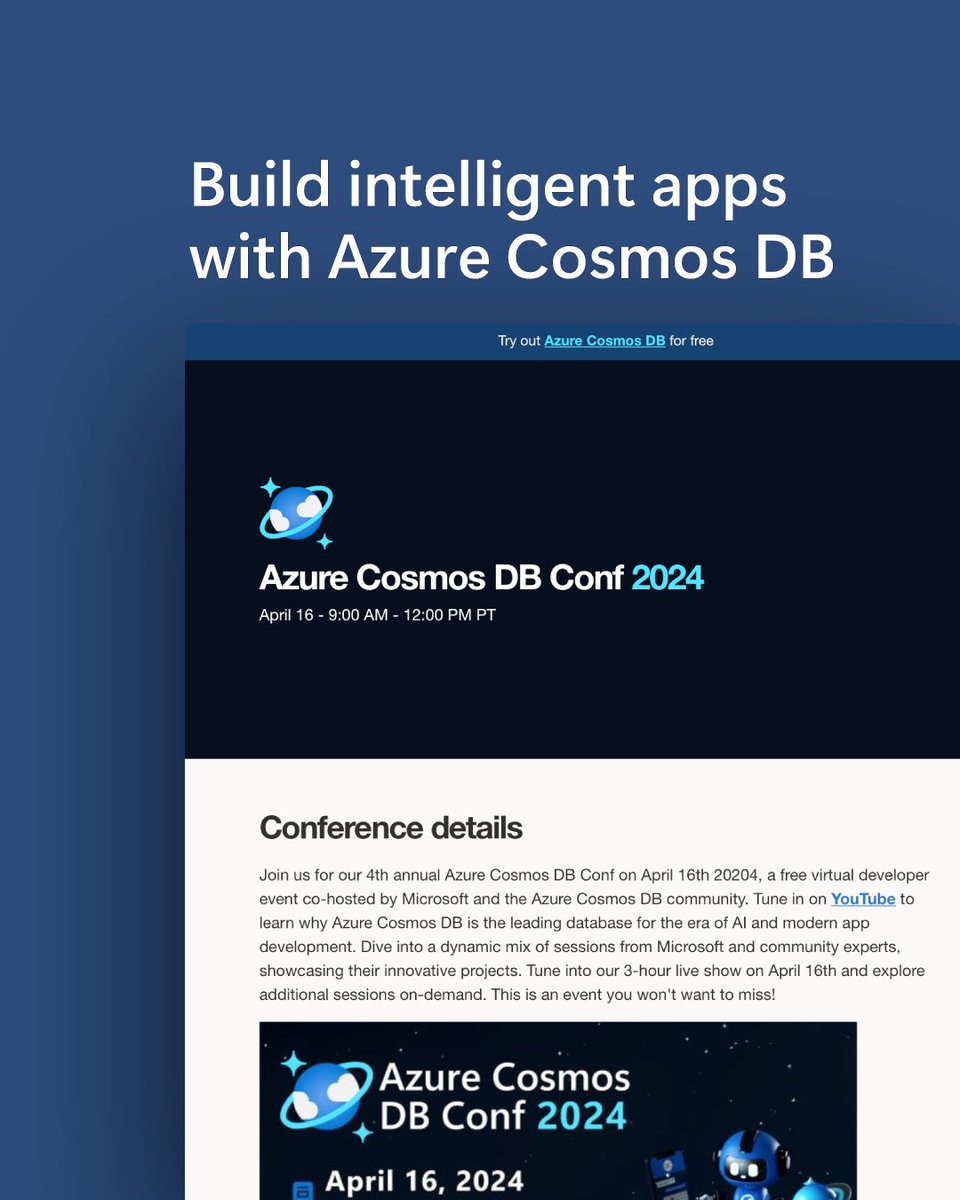 msdev's tweet image. 🧑🎓 Keep up with evolving tech in the era of AI with our free learning resources for Azure Cosmos DB, then tune in to the virtual conference on April 16. Get started: msft.it/6018ctxw0 #AzureCosmosDB #AzureAI