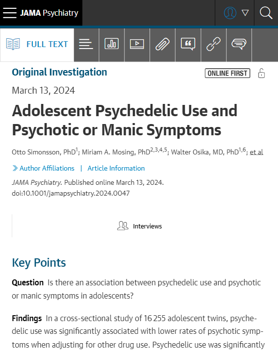 Most viewed in the last 7 days from @JAMAPsych: Is there an association between psychedelic use and psychotic or manic symptoms in adolescents? ja.ma/3ILRy3c