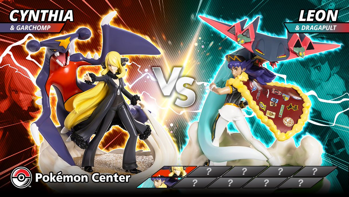 Pokemon's tweet photo. Choose your CHAMPION, Trainers! 🏆

🖤 Cynthia &amp; Garchomp ⭐
💜 Leon &amp; Dragapult 🎯

Standing at over six inches tall, this series of hand-painted figures feature Pokémon Trainers and one of their star Pokémon ready to battle 💥 https://t.co/0fOm7Tk9AU