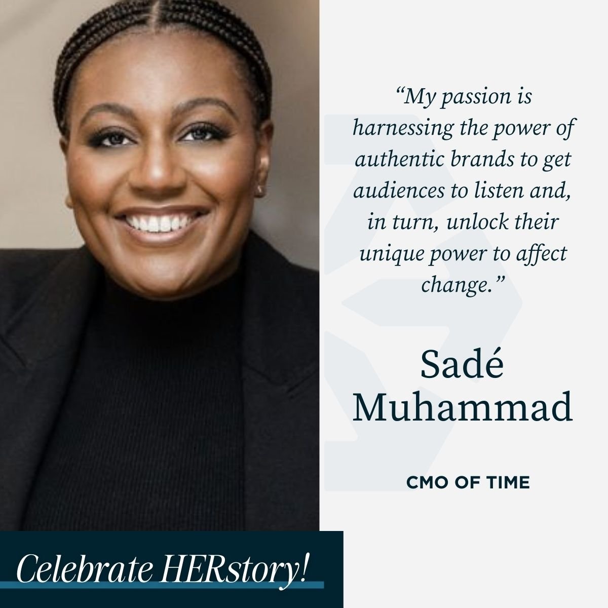 Sadé Muhammad, CMO of TIME, is passionate about social justice and storytelling. With a career spanning NBC, Forbes, &amp; now TIME, she focuses on driving organizational change through DEI and leveraging authenticity in marketing to engage audiences. 
#womenshistorymonth #herstory