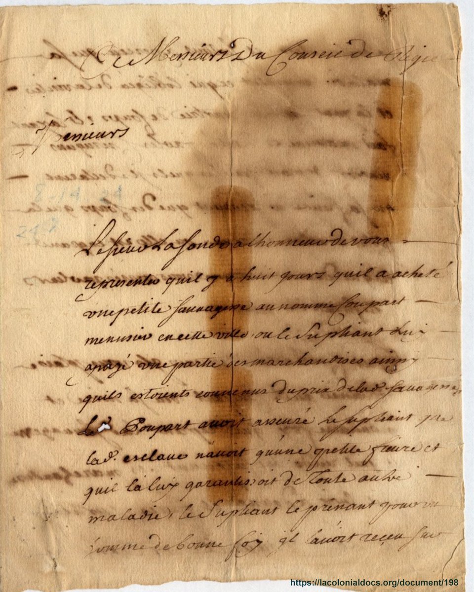 NatBoundUnbound's tweet photo. Revelations from Legal Records

Because enslavement was a designated status of a person under the law as property, legal records provide many instances where details about the lives of the Indigenous enslaved are revealed.

In a civil court record from 1724 in then Louisiana territory, a young Indigenous woman is identified as a "sauvagesse" belonging to a man named Lasonde.  Lasonde alleges that the woman is suffering from a fever and after examination from the Master Surgeon of the area, it is revealed the fever is a result of being beaten before she was sold. The defendant, Coupart, is ordered to take back the young woman and return the "merchandise" that was used to purchase her.

This woman is unfortunately not named and Coupart only faced legal consequences for deceiving Lasonde and not for beating the woman he sold to him.  Native Bound Unbound is committed to recovering these names and stories.