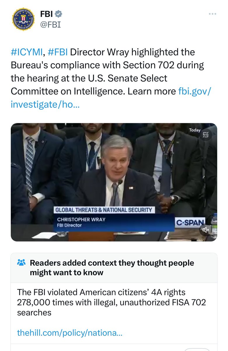 Stat_Woman's tweet photo. @FBI #WeThePeople are not buying your bullshit anymore.
#DisbandTheFBI #CommunityNotes #AbolishFISA #RepealThePatriotAct https://t.co/68k7qikO7E