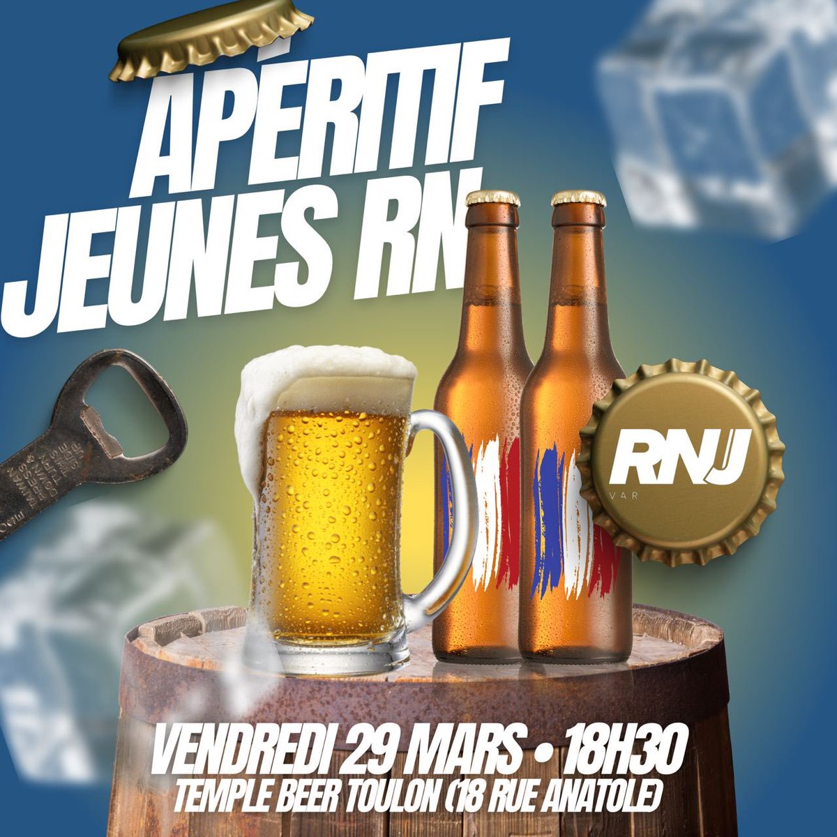 ☀️ Le RNJ Var vous propose un moment de cohésion et de partage autour d’un verre de l’amitié ce vendredi 29 mars🍻 En espérant vous y voir nombreux 🇫🇷💪🏻 ⚠️ La réservation de votre place n’est pas obligatoire mais conseillée en message privé !