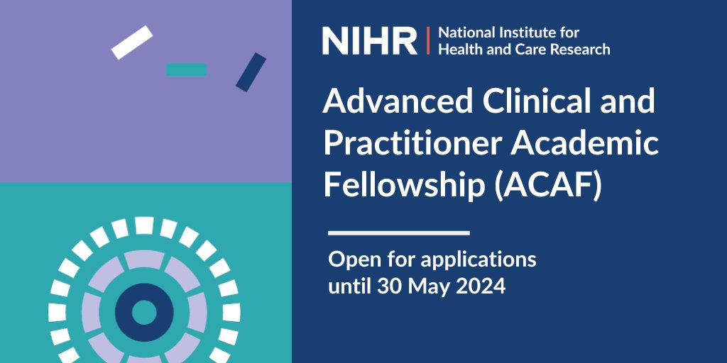 The NIHR Advanced Clinical and Practitioner Academic Fellowship (ACAF) is open for applications! The award is part of the ICA programme & supports post-doctoral researchers to develop their academic career while developing their health/care career. nihr.ac.uk/funding/advanc…