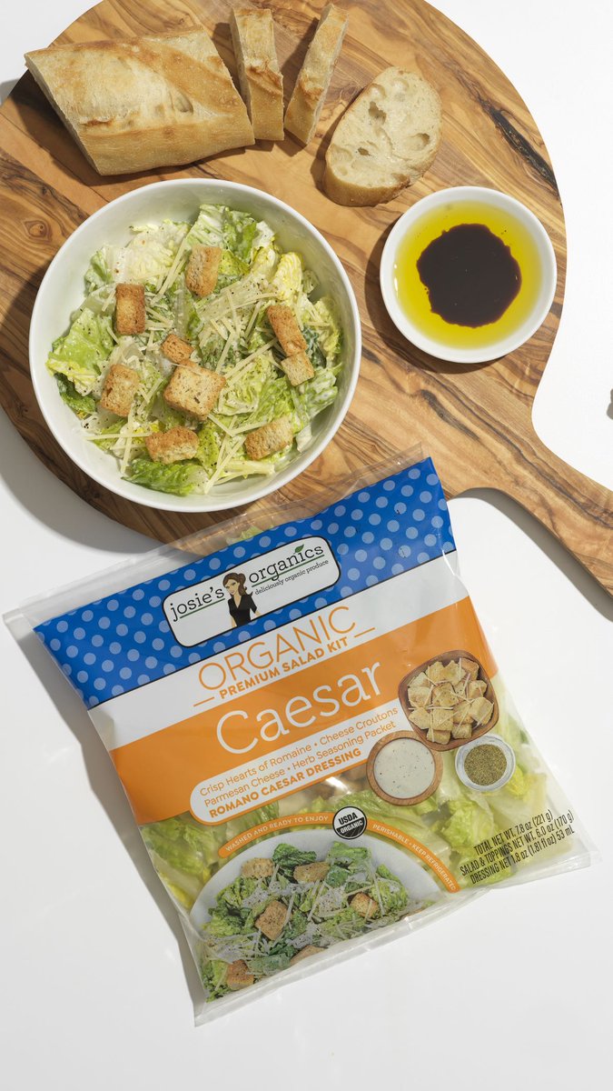 Crisp Hearts of Romaine, Cheese Croutons, Parmesan Cheese, Herb Seasoning Packet, and a Romano Caesar Dressing. Our Josie's Organics Caesar Salad Kit combines the familiar flavors of a favorite salad 😍🥗 We recommend serving with a crunchy baguette!  #josiesorganics #organic