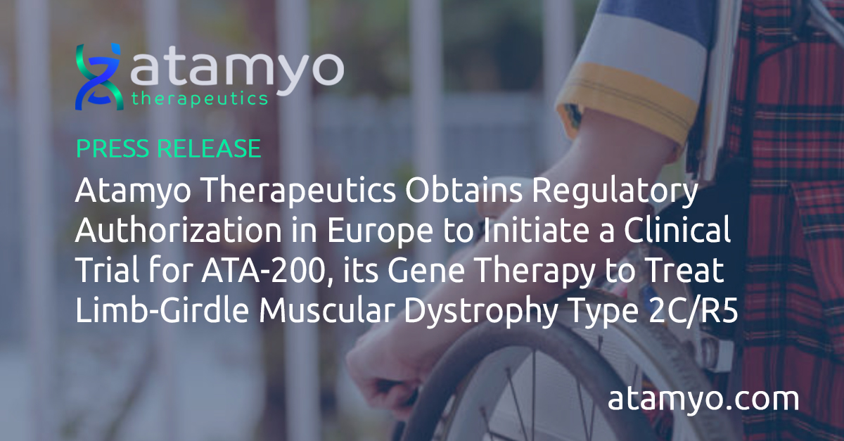 AtamyoTX's tweet photo. @AtamyoTX approved to initiate #clinicaltrial of ATA-200 in France and Italy. ATA-200 single-injection #genetherapy aimed to treat LGMD2C/R5 caused by mutations in the g-sarcoglycan gene. Ph1b study to evaluate safety and efficacy in children. https://t.co/KtFWw3znuq
#LGMD https://t.co/wHvlzhcahv