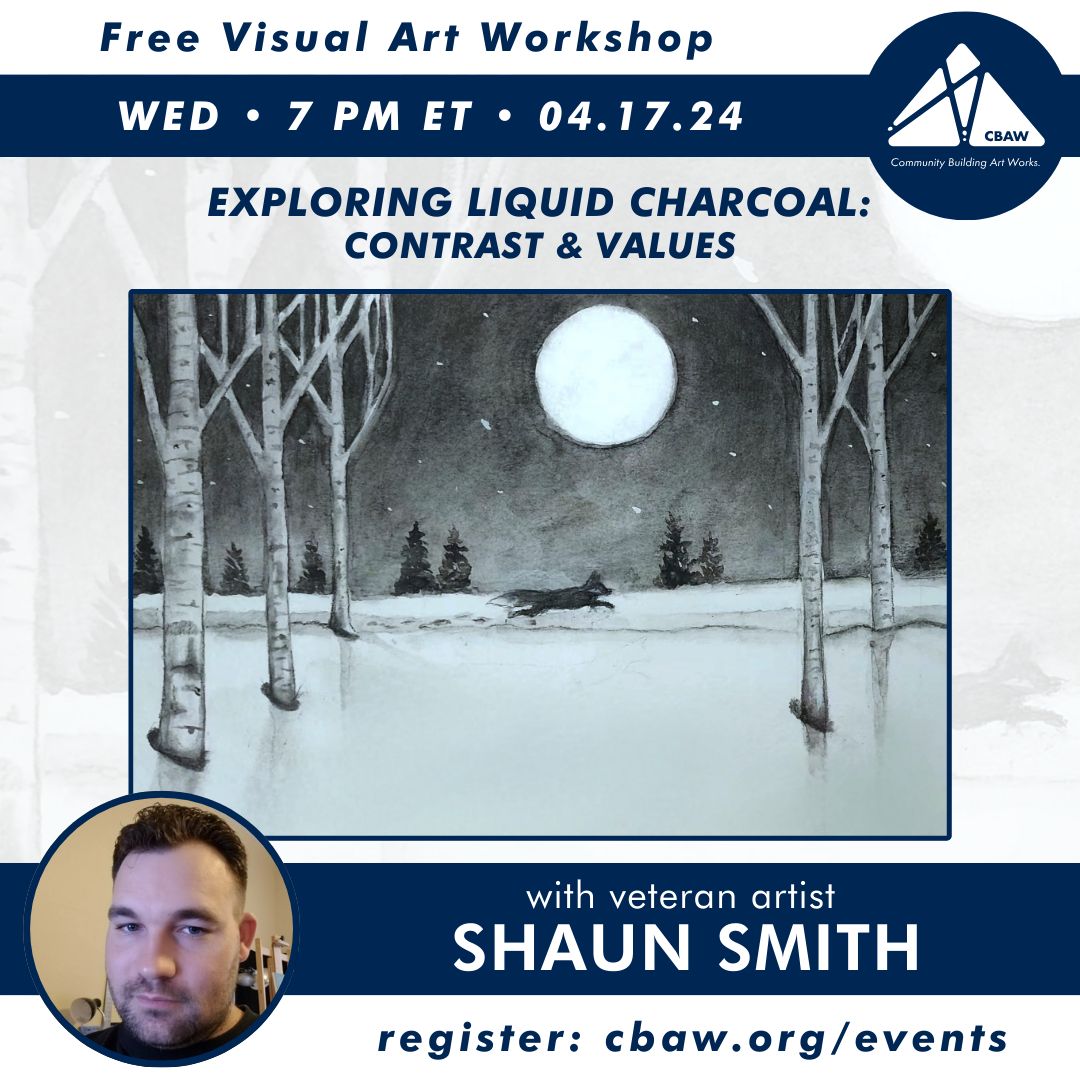 04-17: #LiquidCharcoal: Contrast & Values w/ Shaun Smith
In our last workshop w/Shaun, we got familiar with Liquid charcoal. For this one, we will focus on contrast & values to paint a snowy field at night. We will play with white charcoal & gouache to help highlights stand out.