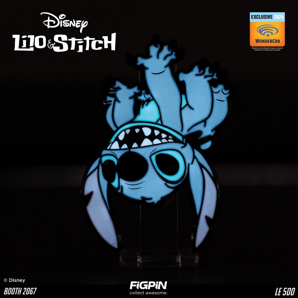 Look out! Experiment 626 is crawling his way out to be our last Wondercon Exclusive enamel pin! That’s right, Disney’s Lilo & Stitch loveable abomination debuts with a brand new FiGPiN. This Stitch FiGPiN (2067) is designed to be upside-down AND Glow-in-the-dark.