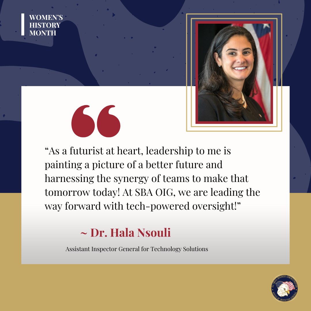 This #WomensHistoryMonth, we recognize our Assistant Inspector General for Technology Solutions Dr. Hala Nsouli. As AIGTS, Hala leads a robust team of data analysts, statisticians, and IT professionals that provide support of OIG’s oversight efforts.