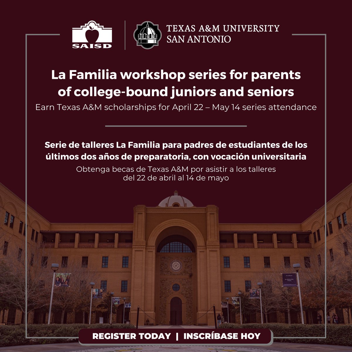 .<a href="/TAMUSanAntonio/">Texas A&M University-San Antonio</a> and SAISD present the La Familia workshop series for parents of high school juniors and seniors.

.<a href="/TAMUSanAntonio/">Texas A&M University-San Antonio</a> y SAISD presentan la serie de talleres La Familia para padres de estudiantes de tercer y cuarto año de preparatoria.

➡️ tinyurl.com/SAISDTAMUSA24