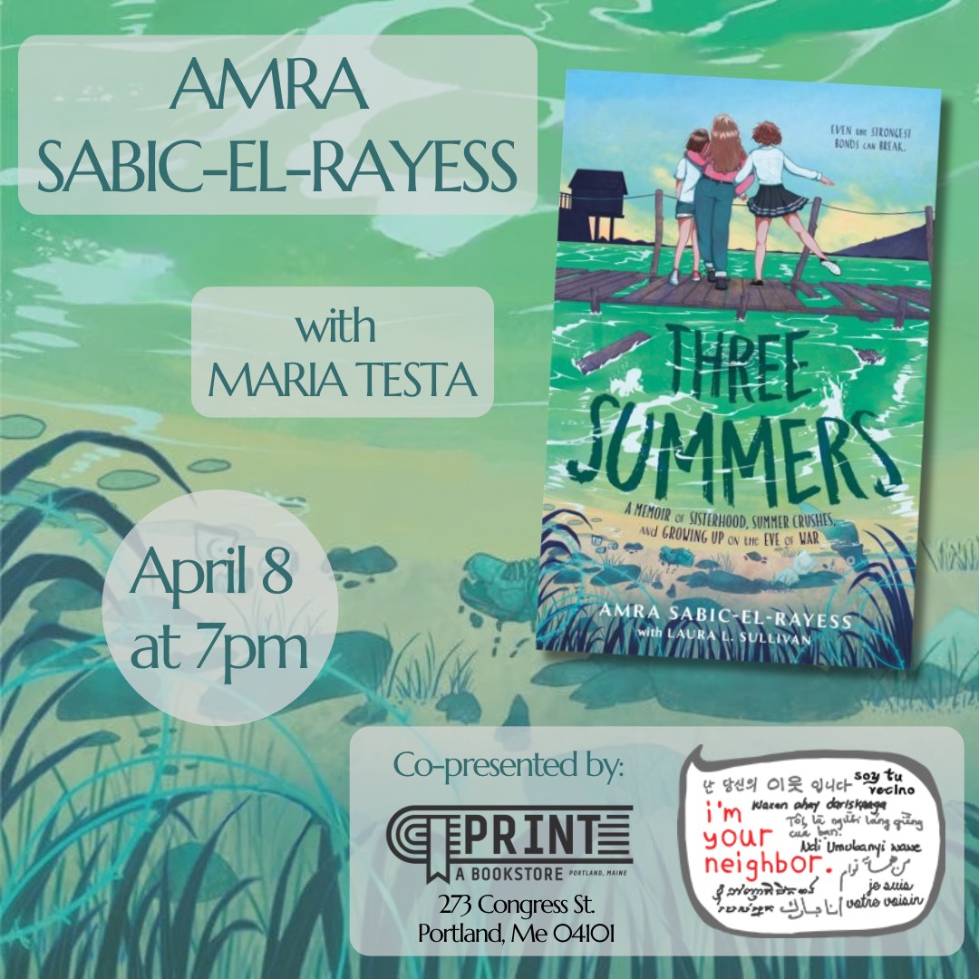 Join me in Maine for an exciting discussion about #ThreeSummers with Maria Testa. 

Save the date: Mon, April 8, 2024, 7-8pm 

at Print: A Book Store 
273 Congress St, Portland, ME 04101. 

For details, please visit: printbookstore.com/event/amrasabi…

#ThreeSummersMemoir #AuthorTalk