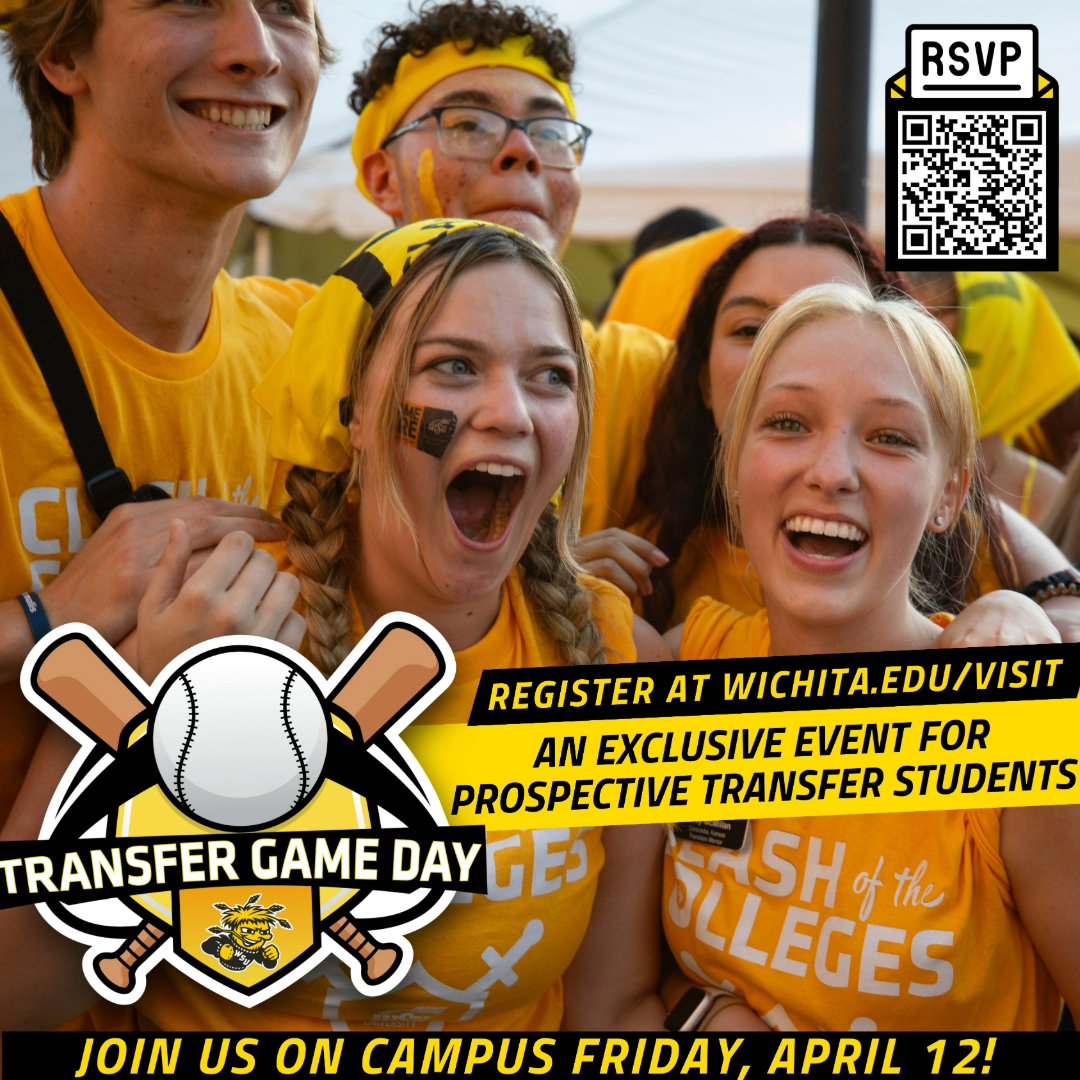 Hey #TransferStudents, have you heard about Transfer Game Day @ #WichitaState on April 12!? Get insider tips from current transfers, explore campus, enjoy snacks, and score 2 FREE tickets to a baseball or softball game with a +1. Don't miss out!
Register 🔗wichita.edu/visit