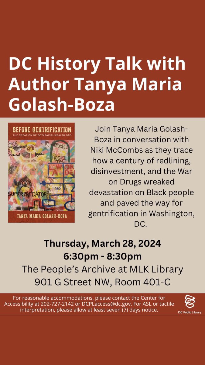 This Thursday learn about Gentrification in DC with Author <a href="/tanyaboza/">𝚃𝚊𝚗𝚢𝚊 𝙶𝚘𝚕𝚊𝚜𝚑-𝙱𝚘𝚣𝚊</a> at MLK library. 
901 G st, NW Washington DC 
Room 401-C
<a href="/dcpubliclibrary/">rogue dc public library</a>