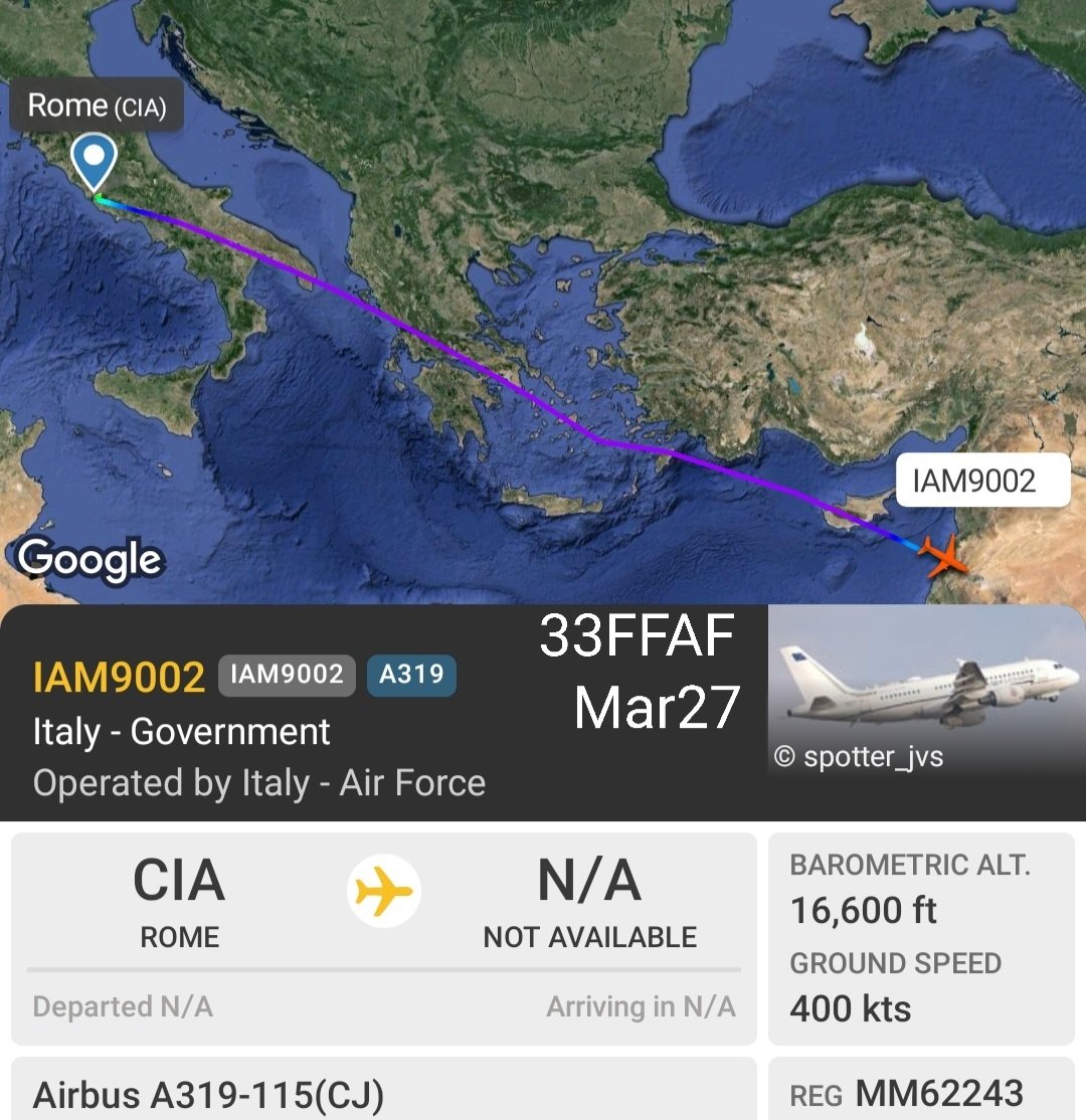 LebanonJets's tweet photo. Military: #Italy AirForce A319 (CJ) #MM62243 hex #33FFAF as #IAM9002 just arrived into #Beirut from #Rome (CIA) first time in our database for this airframe in #Lebanon, track is surprisingly fully public https://t.co/35KaW5pzD9