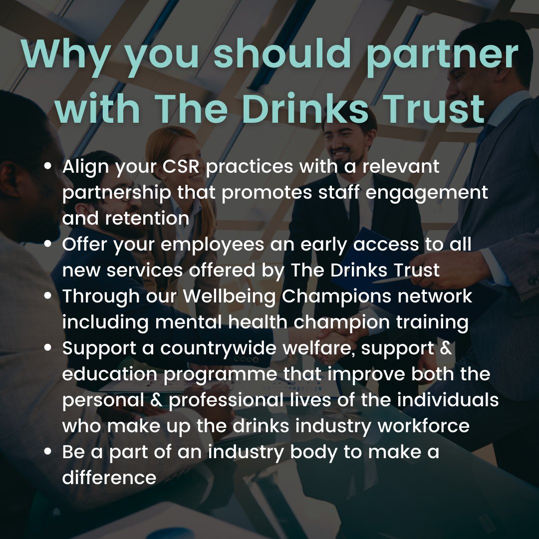 Want to make a difference in the drinks industry? Become a business partner with The Drinks Trust! To get in touch, simply email partnerships@drinkstrust.org.uk