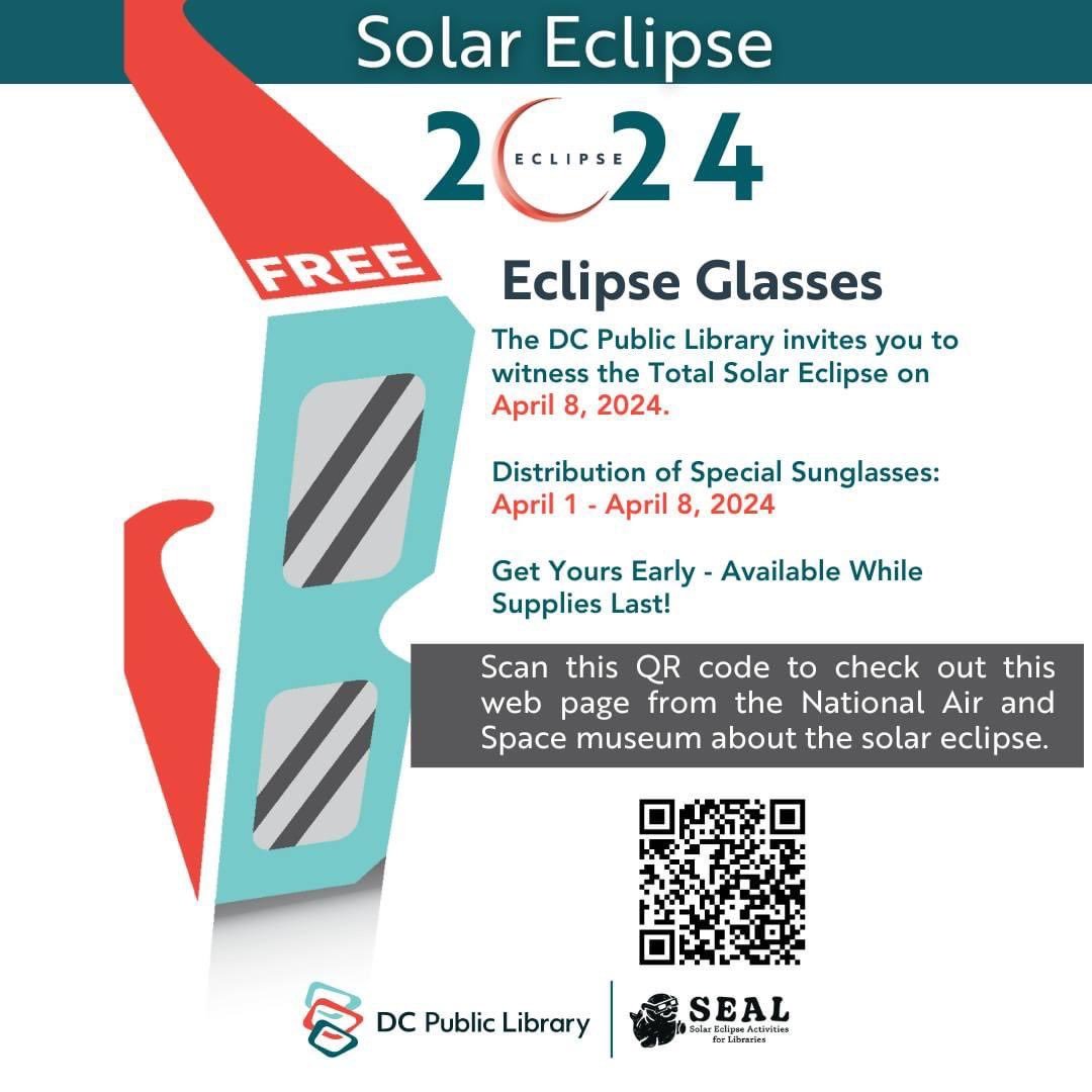 The 2024 solar eclipse is just around the corner and @dcpl has you covered. 🕶️🌕 Starting April 1st, stop by your local library to pick up your eclipse glasses while supplies last.