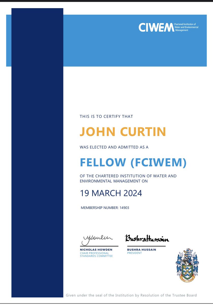 Well that’s rather lovely - from an honorary Fellow to a proper one! @CIWEM has been such a big part of my career - I couldn’t be more chuffed. See what they could do to help your development here ciwem.org John C FIWEM 😊