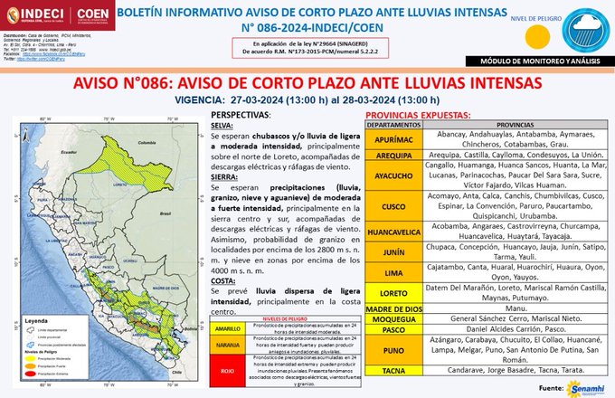 Se prevé lluvias intensas (nivel naranja) en los departamentos Apurímac, Arequipa, Ayacucho, Cusco, Huancavelica, Junín, Lima y Puno hasta el 28/3, según Senamhi.