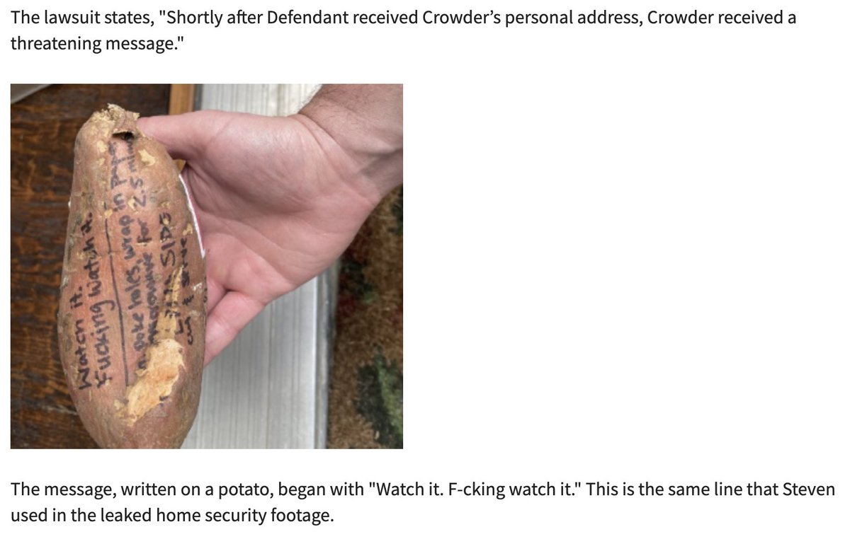 The Steven Crowder divorce drama is exploding on right-wing Twitter today, where we've learned that the court record features a threatening yam sent to Crowder.