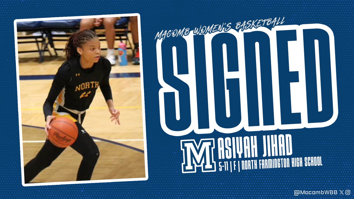 Macomb Athletics (@macombmonarchs) on Twitter photo πΊπππππ
ποΈπ
<a href="/MacombWBB/">Macomb Women's Basketball</a> continues to build outstanding 2024 class, signs North Farmington standout <a href="/AsiyahJihad/">Asiyah Jihad</a>! The addition of Jihad, a 5-11 forward, marks the seventh signing of the class for head coach Jay Ritchie and the Monarchs!
Welcome to Macomb, Asiyah! π₯³ πΊπππππ
ποΈπ
<a href="/MacombWBB/">Macomb Women's Basketball</a> continues to build outstanding 2024 class, signs North Farmington standout <a href="/AsiyahJihad/">Asiyah Jihad</a>! The addition of Jihad, a 5-11 forward, marks the seventh signing of the class for head coach Jay Ritchie and the Monarchs!
Welcome to Macomb, Asiyah! π₯³
