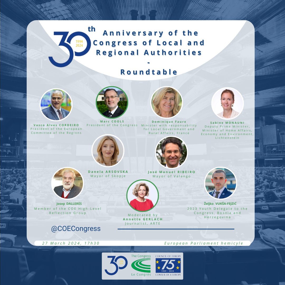 COECongress's tweet photo. Opening of the 30th anniversary of the @COECongress : New challenges ahead: is local #democracy fit for purpose ?
#46thSession #30thbirthdayCOECongress https://t.co/l1M6XRldPJ